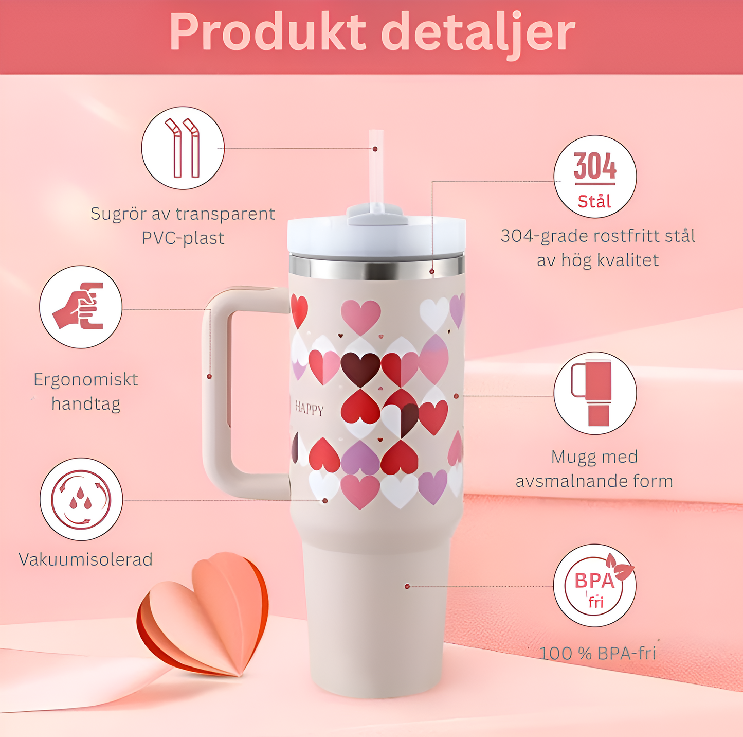 1,2 liter Termosmugg med Handtag & Sugrör